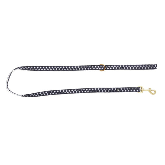 Dog leash with navy and white pattern on a white background