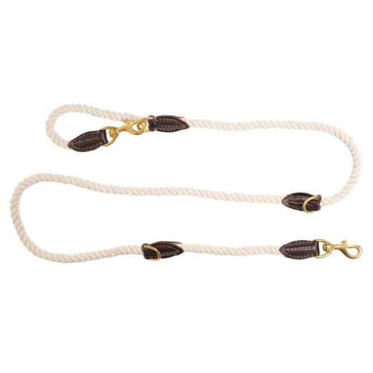 White rope with brown leather and gold metal clasps on a white background