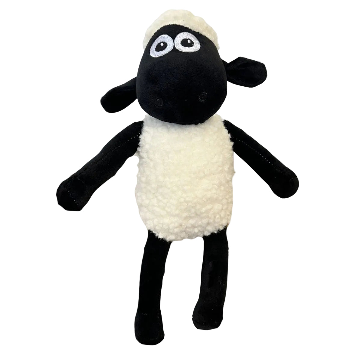 Plush dog toy sheep with black face and legs on a white background
