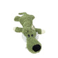 Green crocodile-shaped plush toy on a light gray background