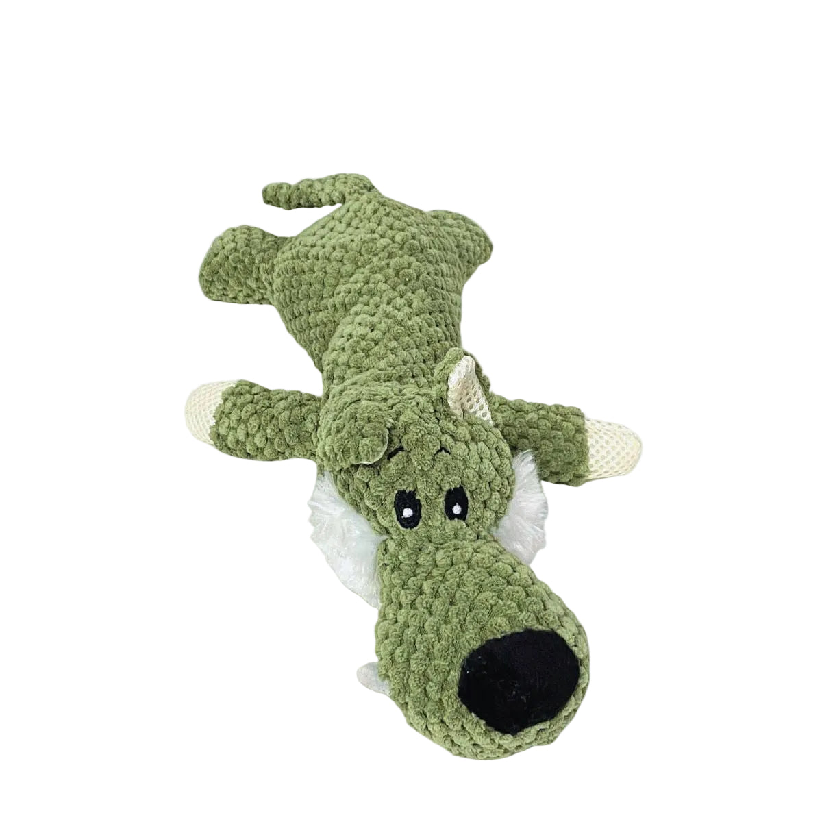 Green crocodile-shaped plush toy on a light gray background