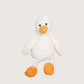 White plush duck toy with orange feet and beak on a light gray background
