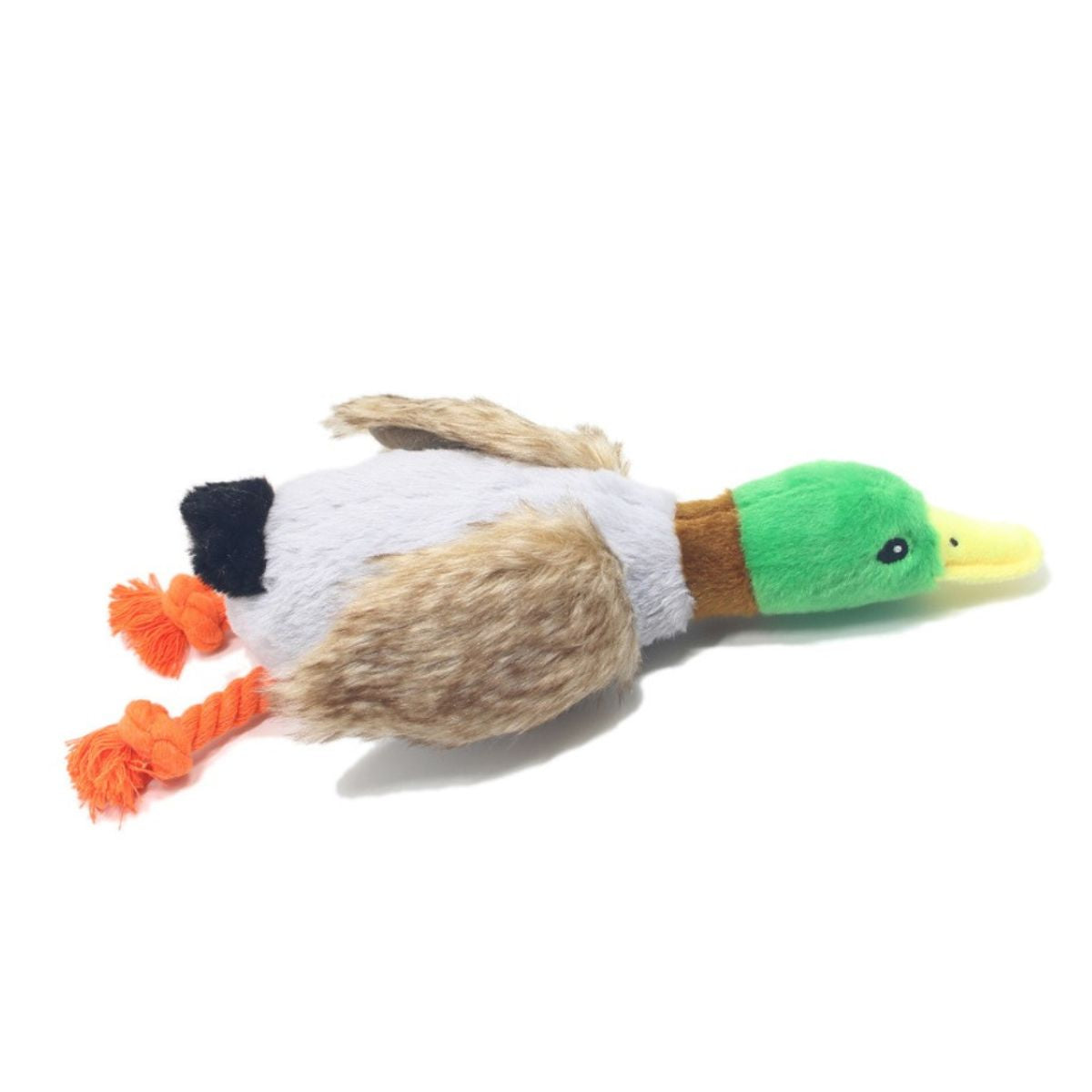 Plush duck toy with a rope on a white background