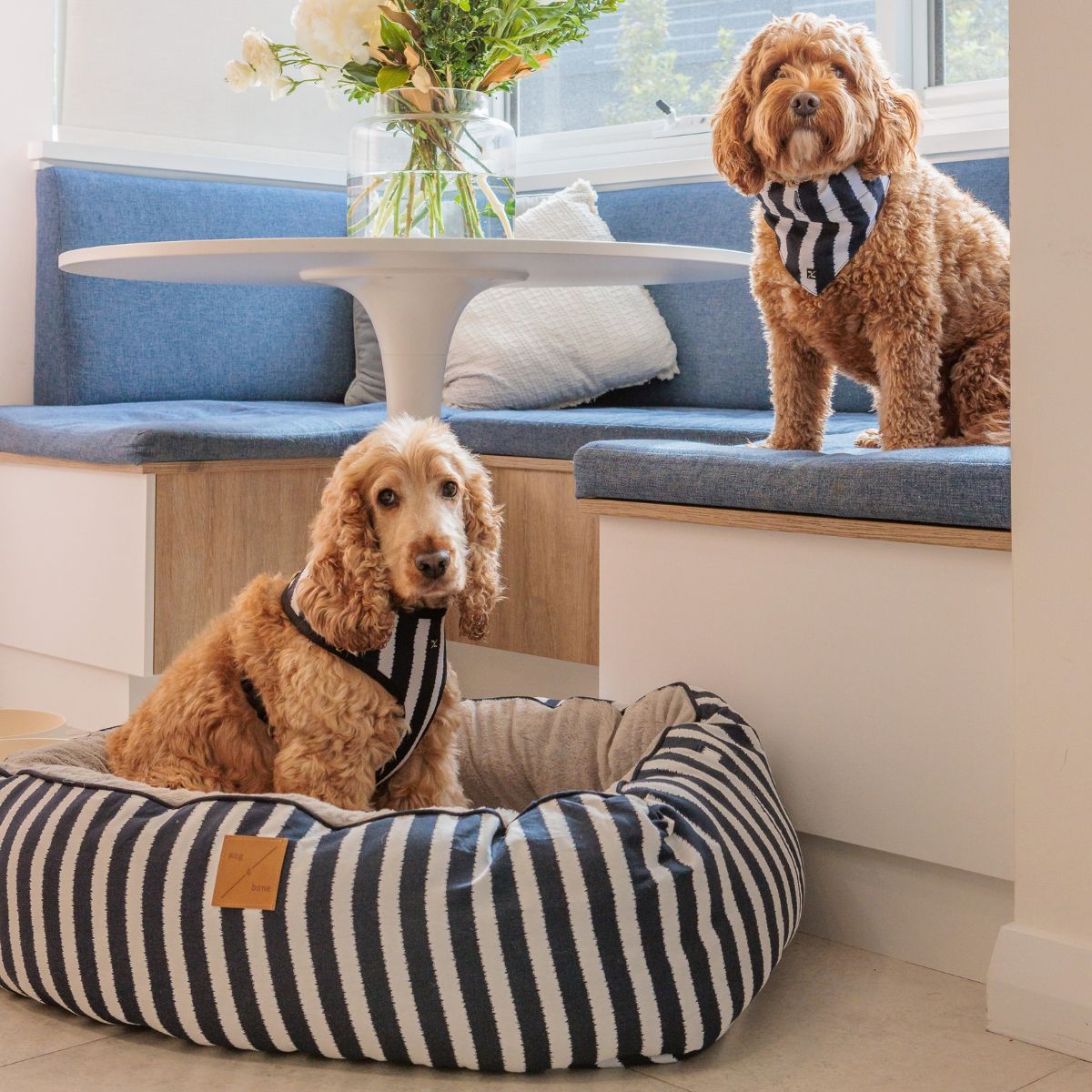 4 Seasons Reversible Circular Dog Bed - Navy Hamptons Stripe Print