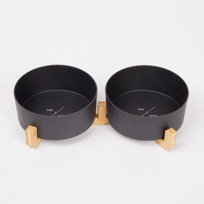 Bamboo Dog Bowls - Double with Stand - Black