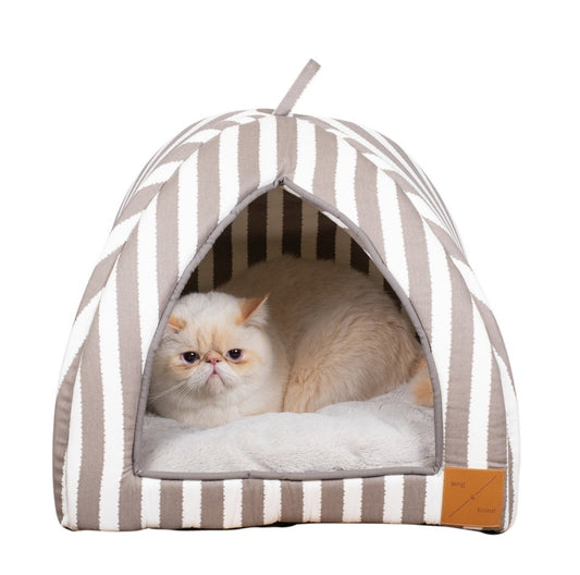 Mog and Bone Cat Bed Cat Igloo - Latte Hampton Stripe Print