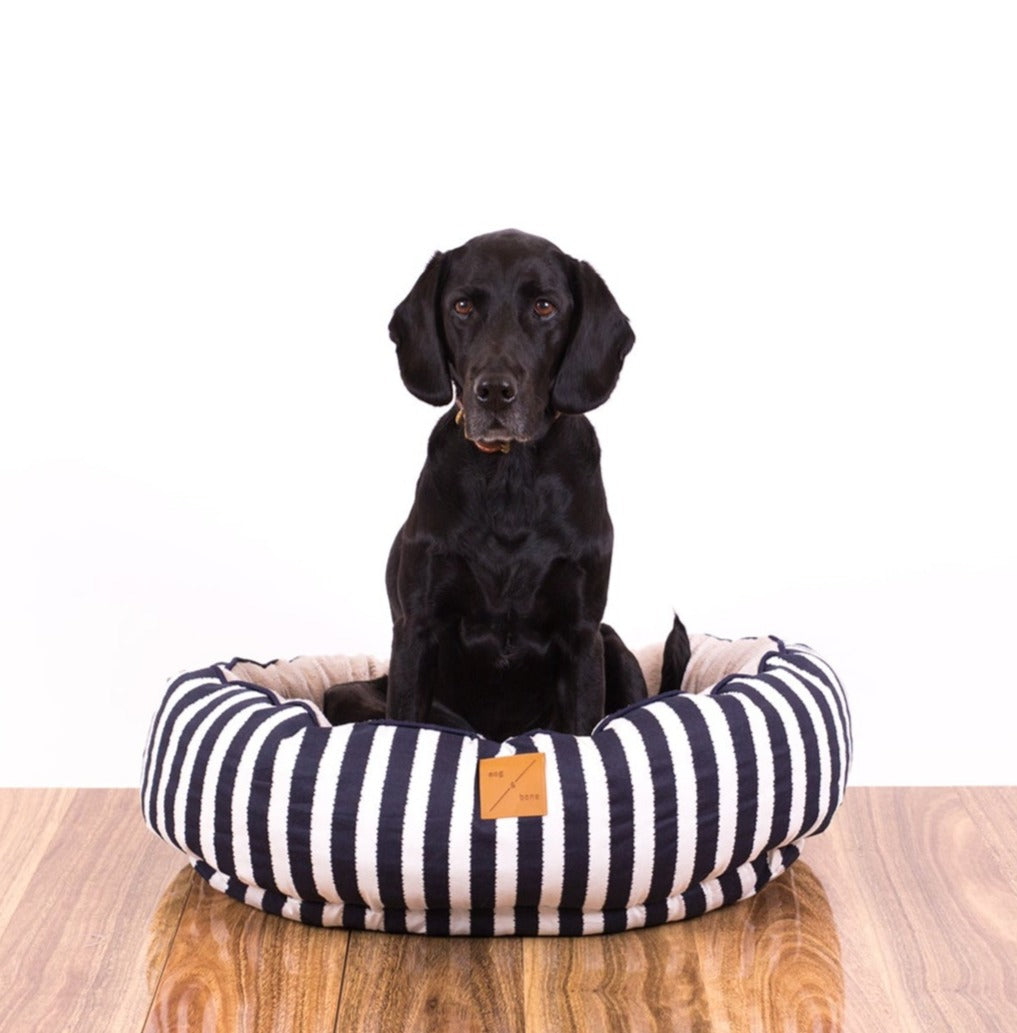 Mog & Bone 4 Seasons Reversible Circular Dog Bed Navy Hamptons Stripe Print