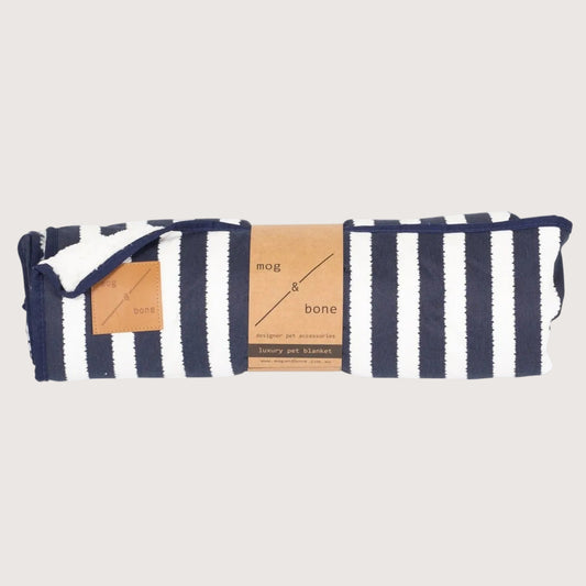 Mog and Bone Designer Dog Fleece Blanket - Navy  Hamptons Stripe Print