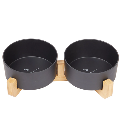 Bamboo Dog Bowls - Double with Stand - Black