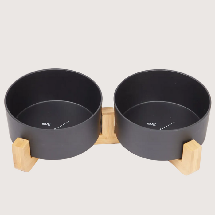 Bamboo Dog Bowls - Double with Stand - Black