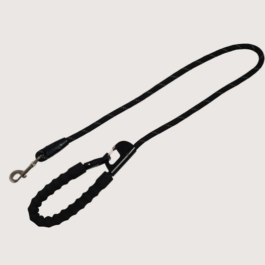 Black dog leash with a metal clip on a white background