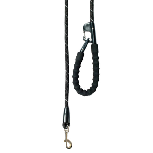 Black dog leash with carabiner on a white background