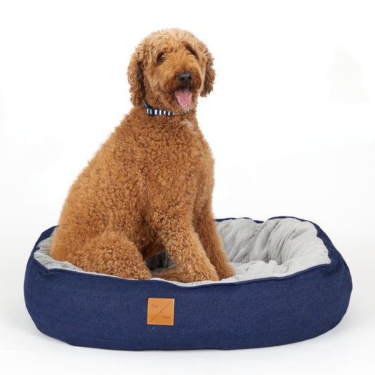 Mog and Bone 4 Seasons Reversible Circular Dog Bed in Blue Denim designer print