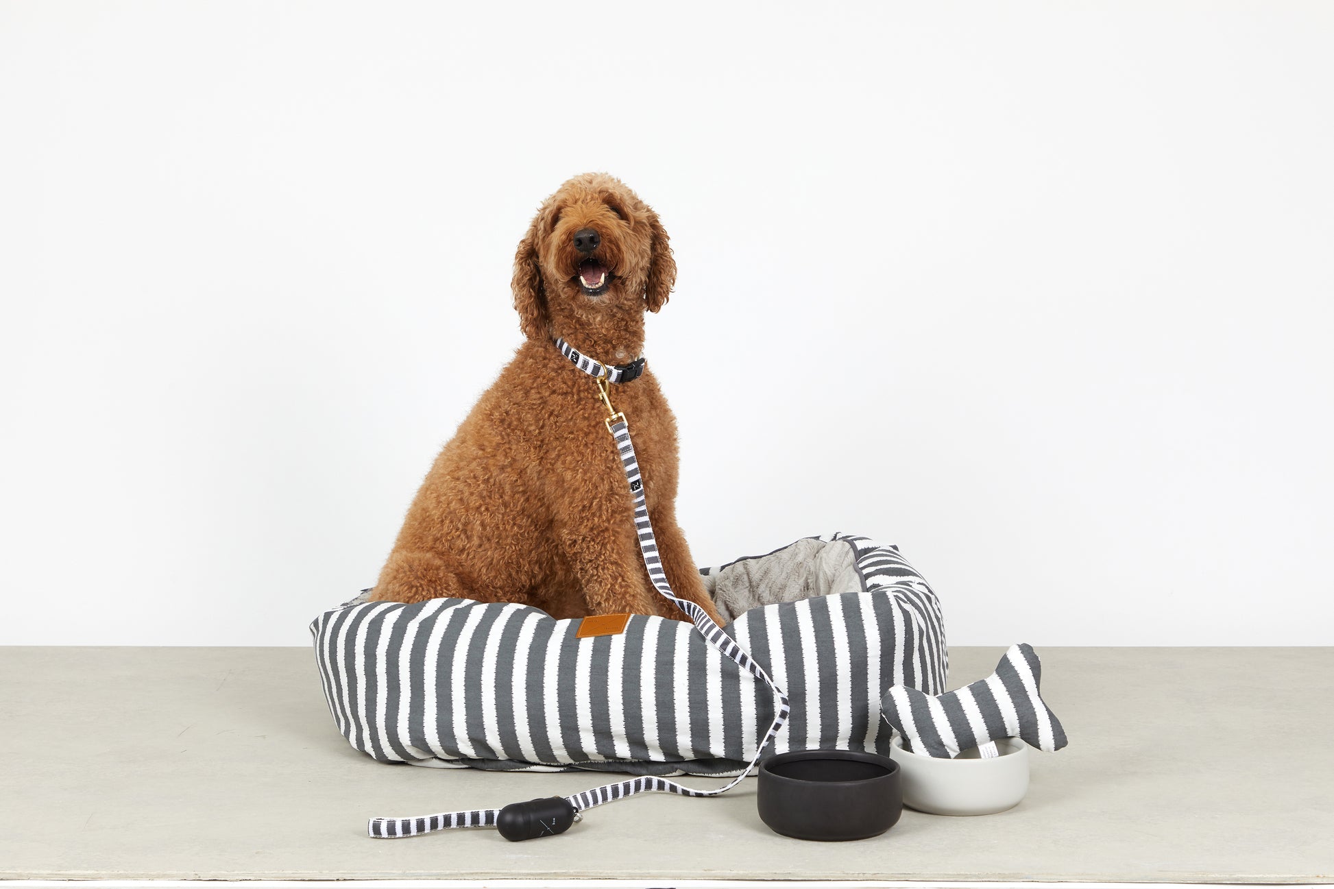 Mog and Bone Classic Hemp Dog Lead, Hemp Dog Collar, Four Season Reversible Dog Bed, Dog Bone Toy, Ceramic Dog Bowls - Charcoal Hamptons Stripe Print